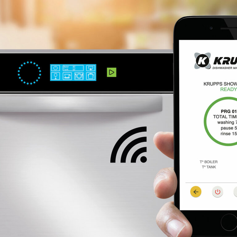 KRUPPS dishwasher with UNIKO display and a smartphone connected to IKLOUD