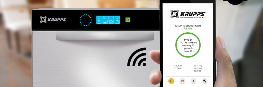 KRUPPS dishwasher with UNIKO display and a smartphone connected to IKLOUD